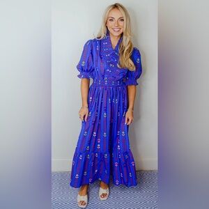 Umgee midi dress with puff sleeve vibrant blue with pattern EUC